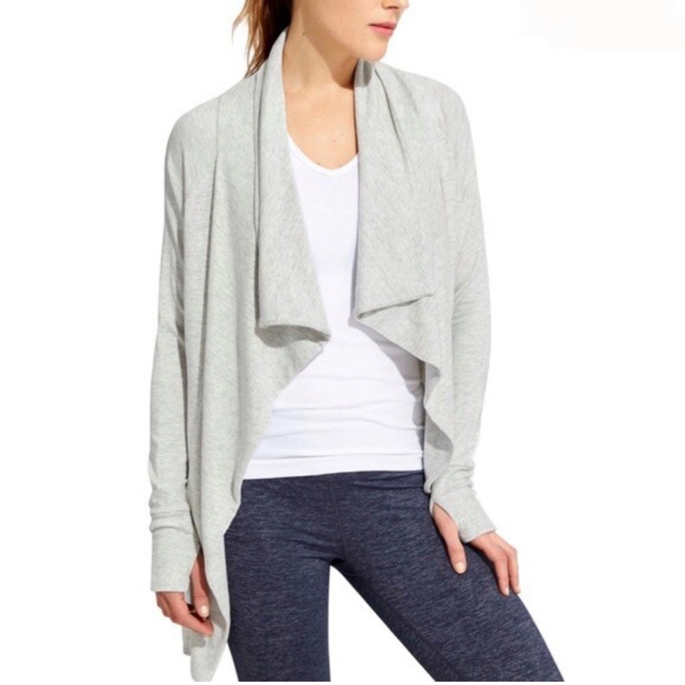 Athleta Gray Marled Open Front Studio Yoga Wrap Cardigan Thumbholes